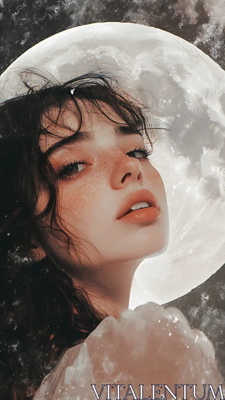 Digital portrait with lunar backdrop and ethereal soft-focus rendering.