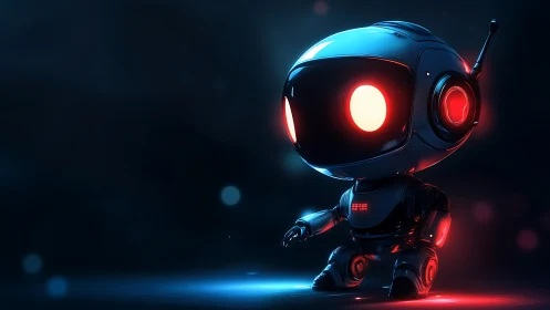Small glossy robot with red lights in dark digital scene.