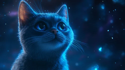 Luminous Cat Face Against Cosmic Blue Digital Backdrop
