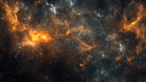 Fiery nebula clouds glow against a deep star-filled cosmos