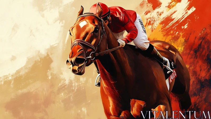 Galloping racehorse and rider charging into warm sunset light.