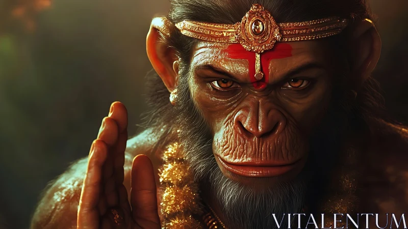 Divine simian portrait renders ornate jeweled crown in detail