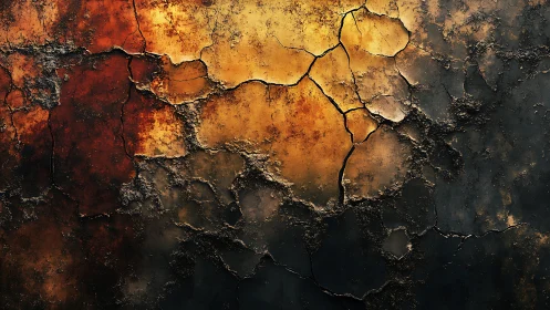 Cracked Earth Texture with Warm Rust and Gold Tones, Abstract Art.