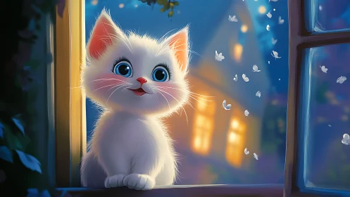 Adorable White Kitten Gazes Through Window at Magical Evening.