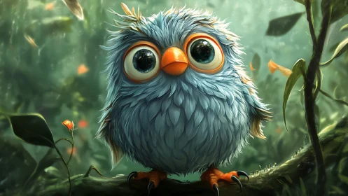 Whimsical blue fluffy bird with big eyes in magical forest scene.