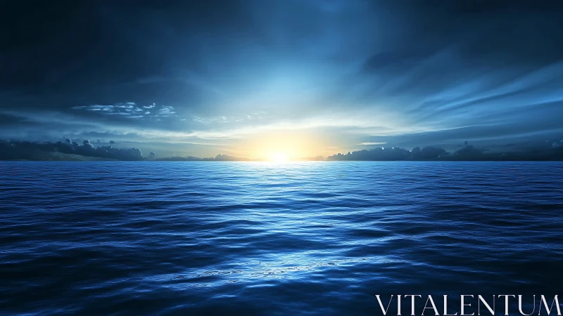 Open ocean horizon at sunrise under layered clouds.