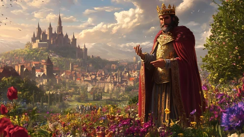 Regal king in crimson cape overlooking bright medieval city.