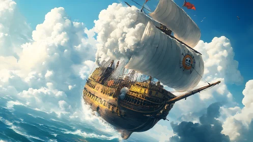 Flying wooden galleon cuts through clouds above open sea.