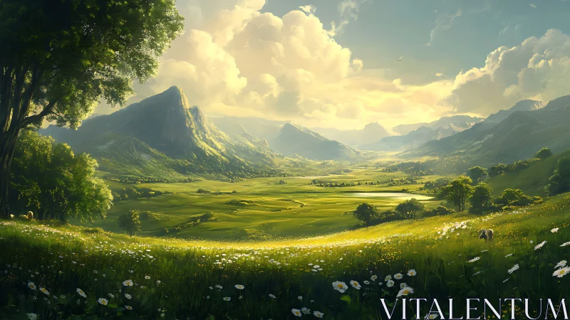 Sunlit meadow valley opening into peaceful distant mountains.