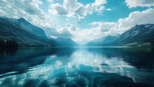 Mountain lake and valley rendered with symmetrical reflection