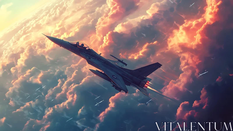 Digital painting of fighter jet ascending through sunset cumulonimbus clouds.