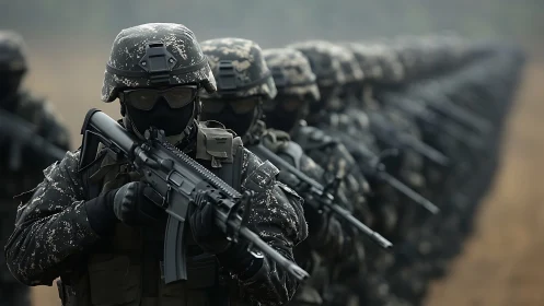 Armed soldiers stand in aligned formation holding rifles