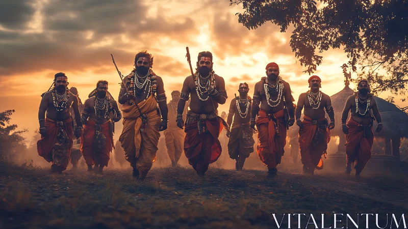 Warrior ascetics stride through dusk-lit rural landscape