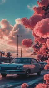 Blossom boulevard cruise under cotton candy clouds at dusk.