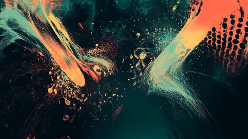 Abstract digital painting shows teal and orange fluid motion