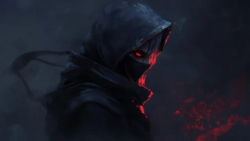 Digital painting of hooded assassin with glowing red gaze.
