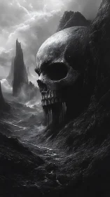 Moody skull-shaped cliff watching over a dark valley.