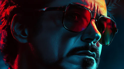 Neon reflections sharpen a brooding gaze behind red lenses