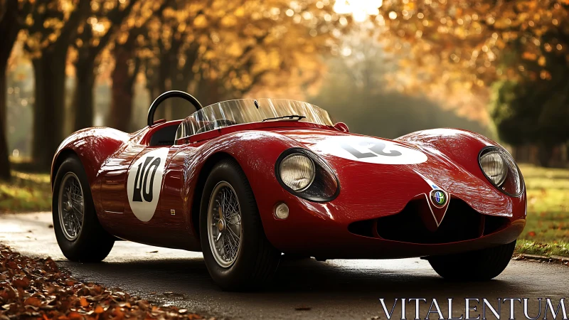Vintage red race car under golden autumn tree canopy.