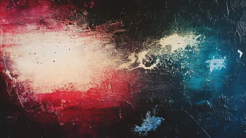 Abstract textured painting with red, blue, and white color blending.