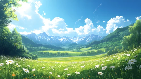 Sunlit alpine meadow panorama with distant snowy peaks.