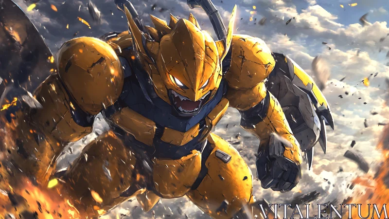 Armored yellow mech charges through fire and shattered sky