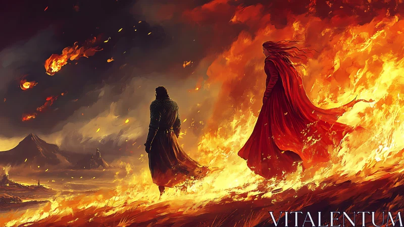 Two cloaked figures walk through burning fantasy landscape.