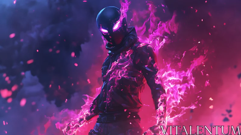 Hooded humanoid figure stands engulfed in vivid purple flames
