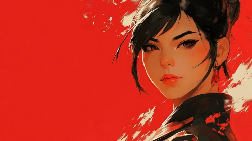 Confident heroine in bold red with a calm, steady gaze.