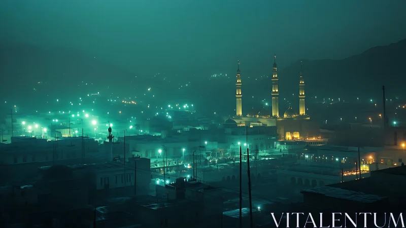Emerald fog over glowing minarets and a sleepless valley.