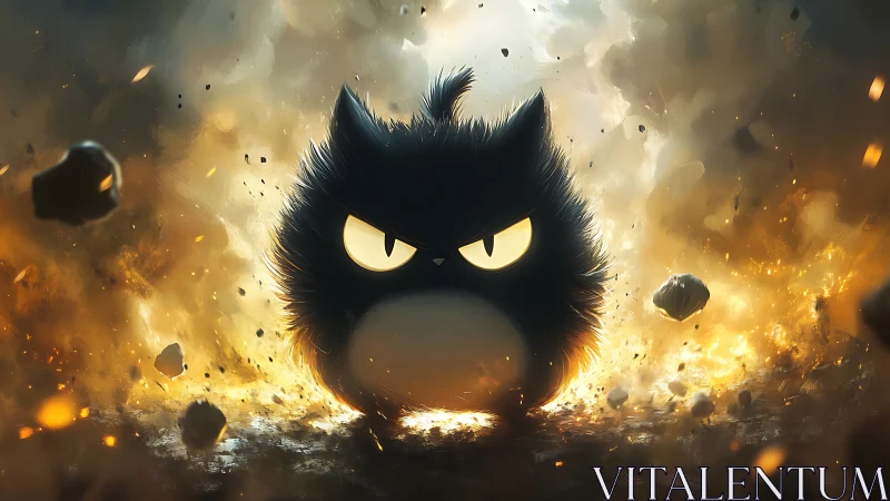 Digital painting of fierce chibi cat amid explosive glow.