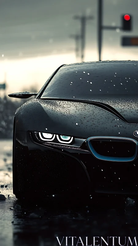 Rain-drenched electric prowler stares down the city dusk