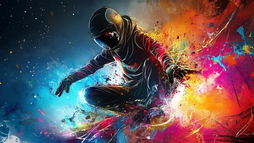 Neon astronaut skater amid explosive cosmic paint burst.