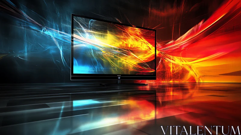 Glowing screen gateway between cool blues and fiery light.