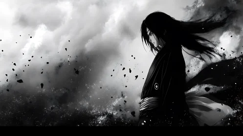 Storm-touched warrior stands calm amid swirling black skies