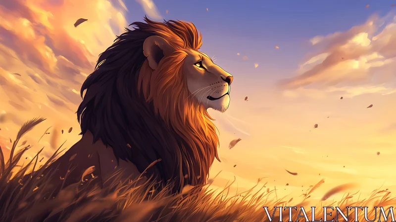 Lion in warm sunset field, calm and observant profile.