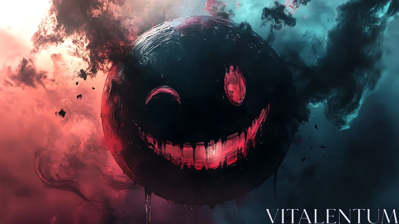 Glowing distressed smiley sphere emerges from turbulent bicolored smoke