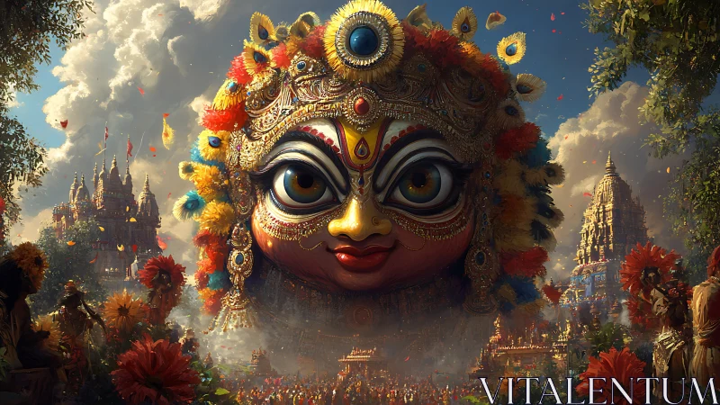 Large deity mask above festive temple landscape scene.