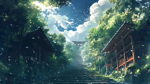 Sunlit shrine steps invite a peaceful walk into soft sky