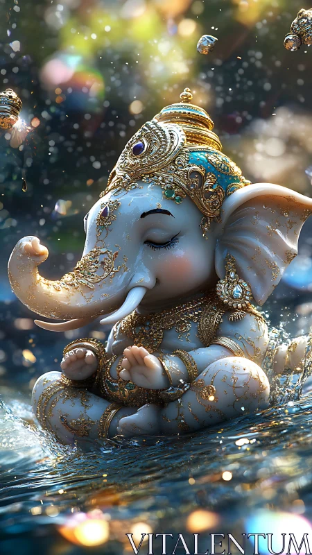 Ornate chibi Ganesha idol in refractive splash illumination.