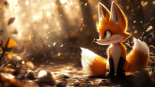 Backlit stylized fox in shallow-depth autumn forest clearing