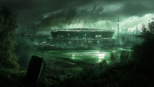 Futuristic urban stadium in misty industrial landscape at dusk.