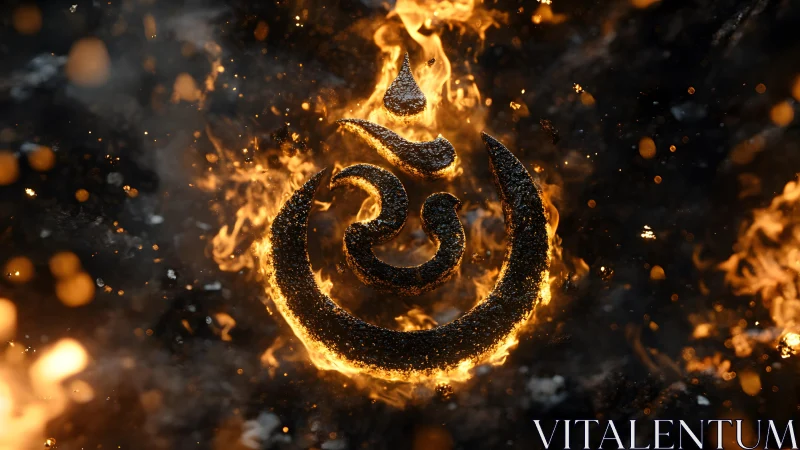 Fiery Om Symbol in Glowing Flames, Spiritual Digital Art.