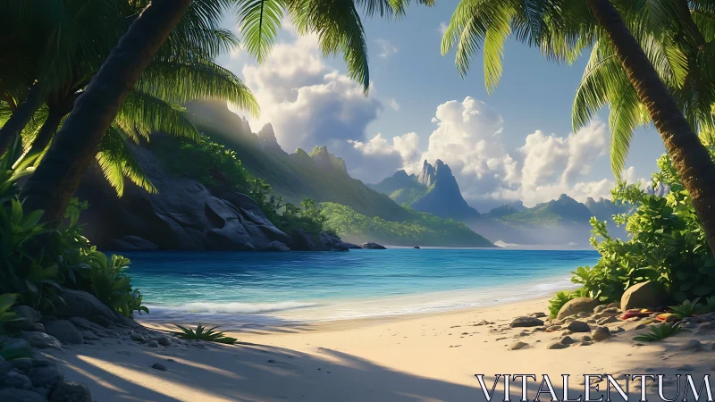 Emerald lagoon sanctuary framed by tropical palms and mountain peaks.