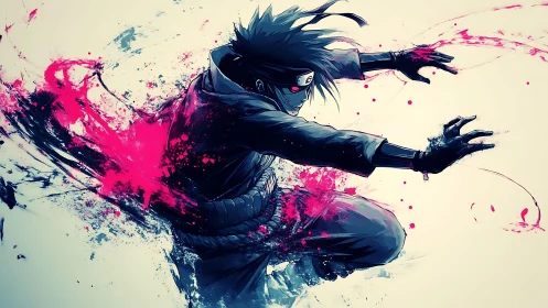 Ninja figure lunges forward through dynamic pink paint