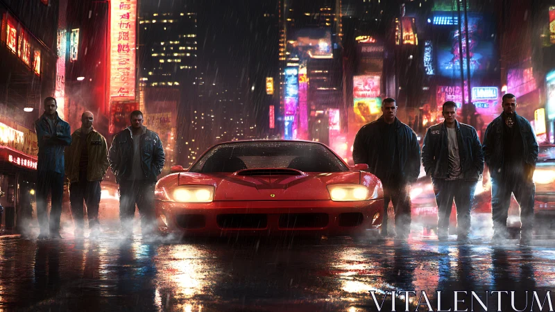 Neon rain showdown with red supercar and streetwise crew.