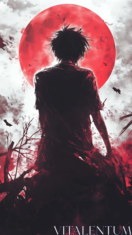 Silhouetted figure stands before a large red sun circle