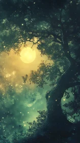 Backlit celestial tree canopy encircles luminous full moon