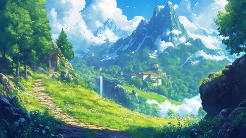 Luminous alpine valley with terraced village, path and waterfall