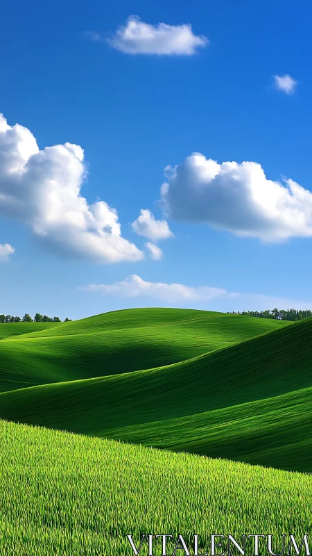 Rolling emerald hills under crisp stratocumulus sky.